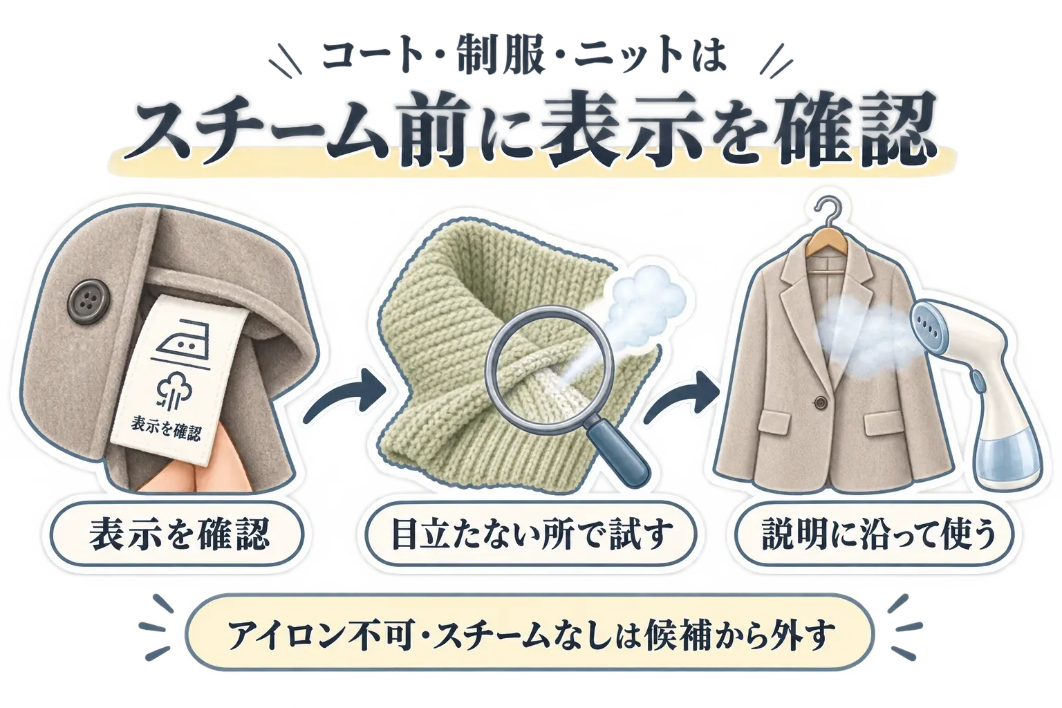 コート・制服・ニットにスチームを使う前の確認手順。衣類タグのアイロン・スチーム表示を確認し、目立たない場所で試し、商品説明に沿って使う流れと、アイロン不可・スチームなしの衣類は候補から外すことを示した図。