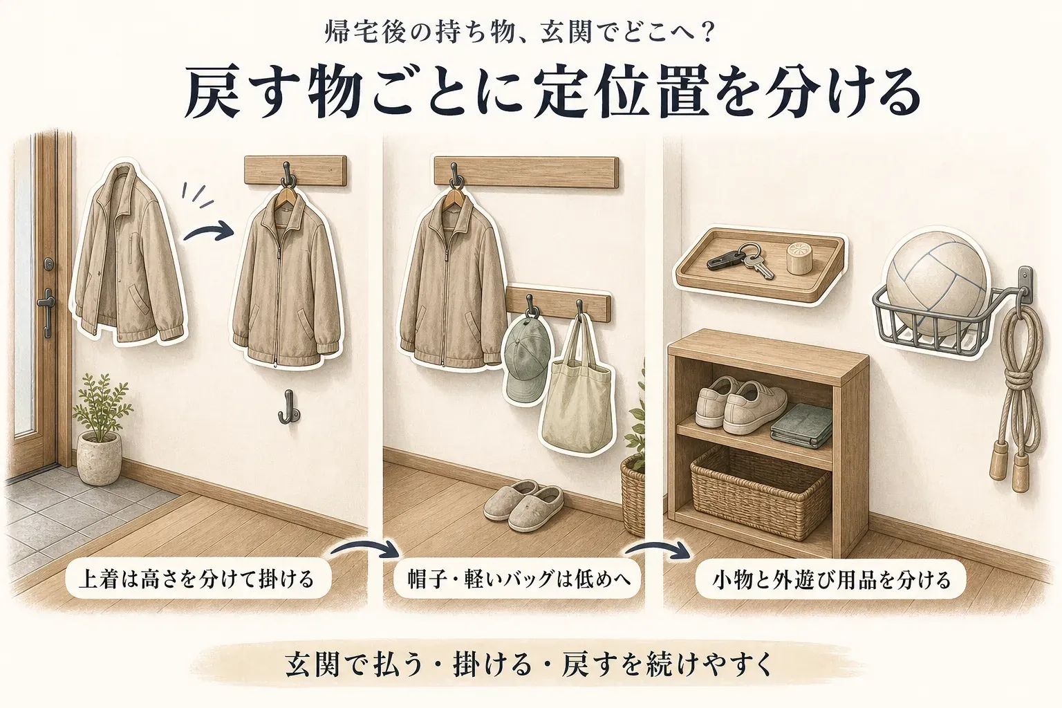 帰宅後の持ち物ごとの定位置を示す図。大人用と子ども用で高さを分けて上着を掛け、帽子と軽いバッグは低めのフックへ、鍵と印鑑はトレー、靴は棚へ、ボールと縄跳びは別の収納へ戻す流れを示している。