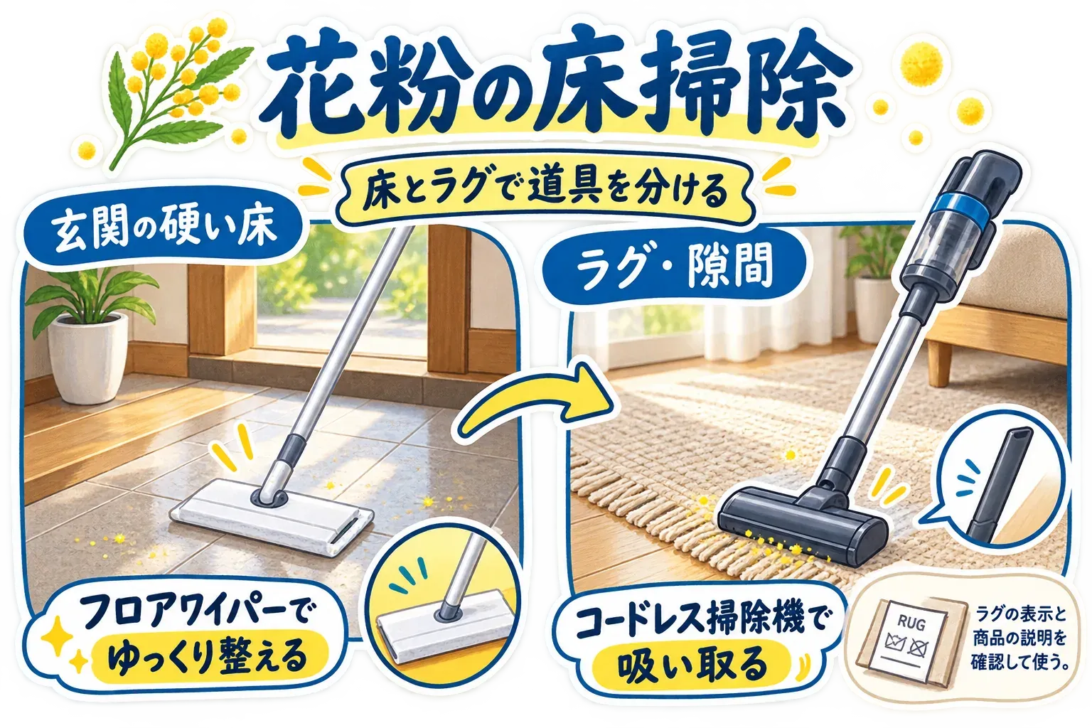 玄関の硬い床はフロアワイパーで静かに整え、ラグの毛足や隙間に入り込んだごみはコードレス掃除機で吸い取る、掃除道具の役割分担を示した図。