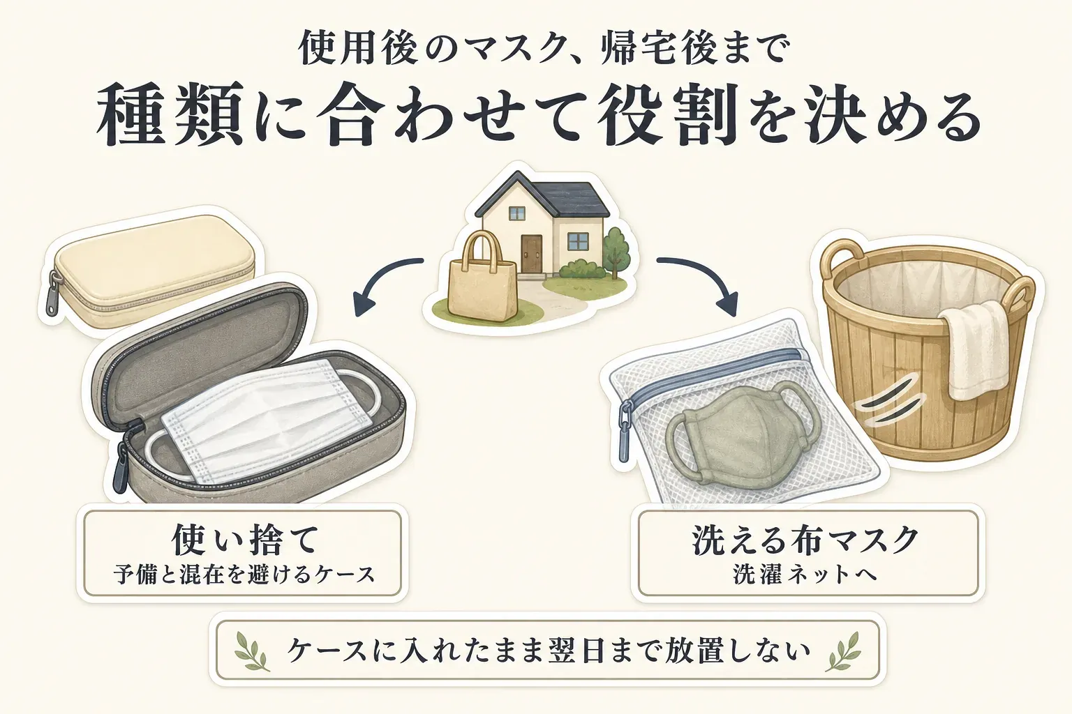 帰宅後の使用後マスクの扱いを種類別に示す図。使い捨てマスクは予備と混在を避けるケースに入れ、洗える布マスクは洗濯ネットに入れて洗濯へ回し、どちらもケースに入れたまま翌日まで放置しないことを示している。
