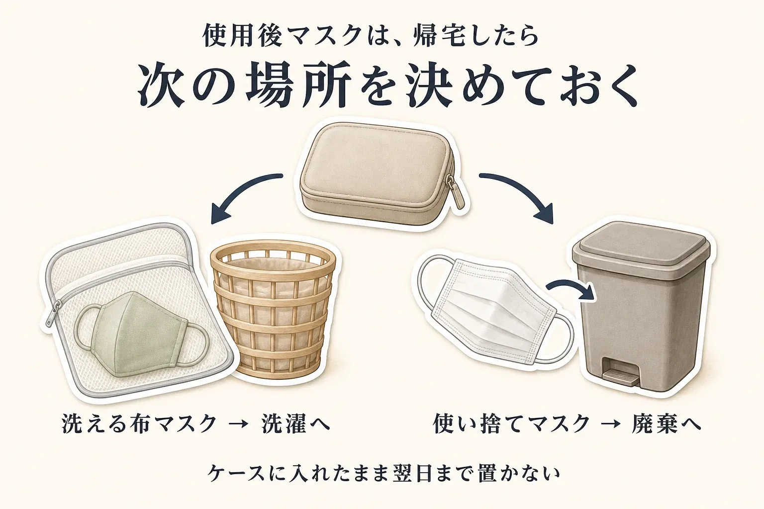 帰宅後の使用後マスクの流れを示す図。ケースから洗える布マスクは洗濯へ、使い捨てマスクは廃棄へ進め、ケースに入れたまま翌日まで置かないことを示している。
