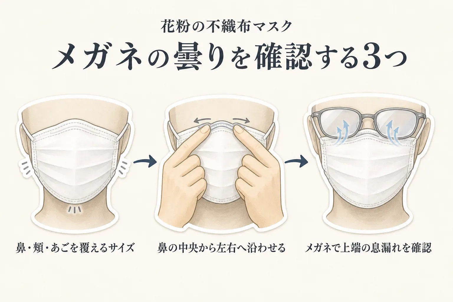 花粉用不織布マスクでメガネの曇りを確認する3つの手順。鼻・頬・あごを覆えるサイズを選び、鼻の中央から左右へマスク上端を沿わせ、メガネを掛けて上端からの息漏れを確認する様子を示している。