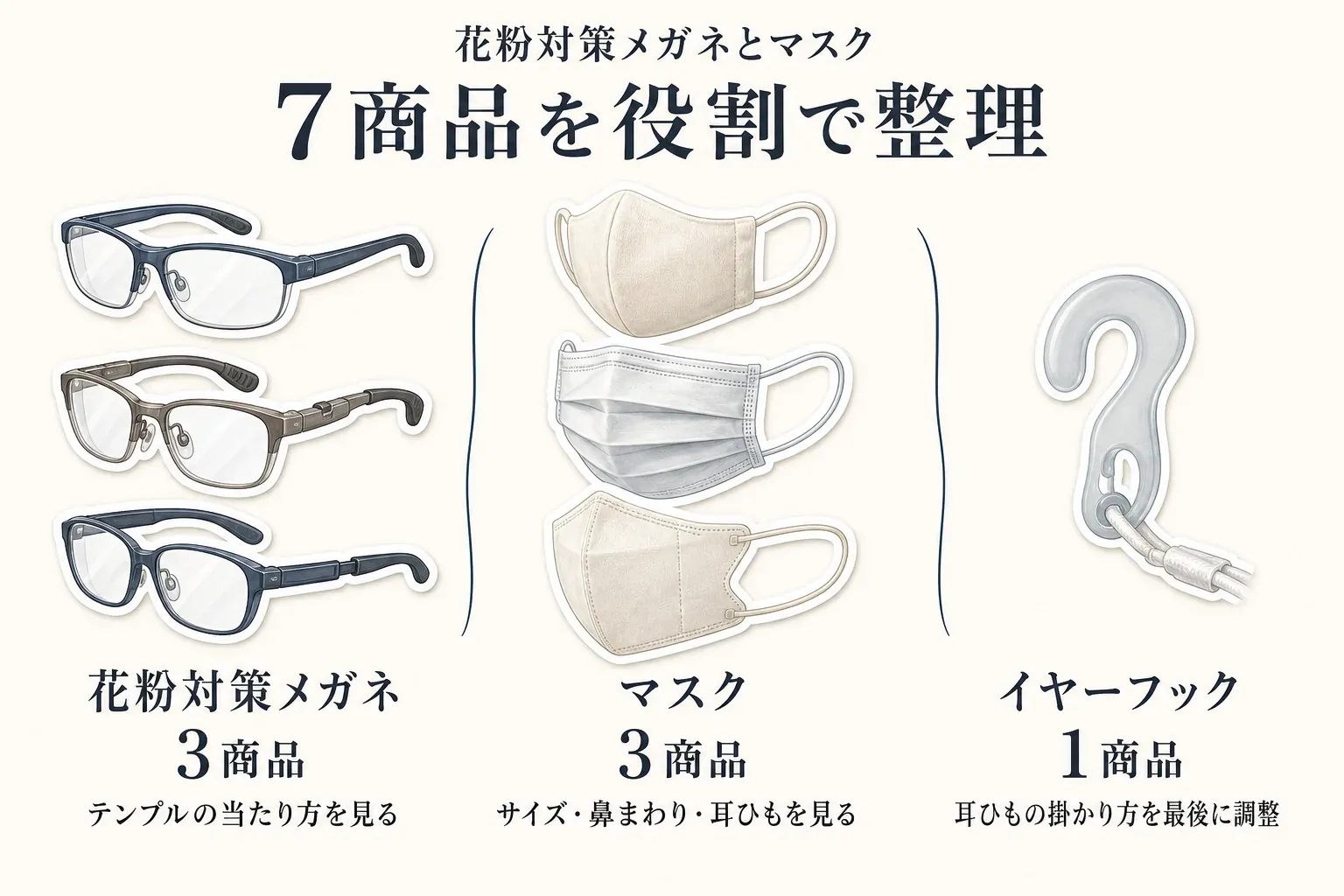 今回比較する7商品の役割。花粉対策メガネ3商品はテンプルの当たり方、マスク3商品はサイズ・鼻まわり・耳ひも、イヤーフック1商品は耳ひもの掛かり方を最後に調整するものとして示している。