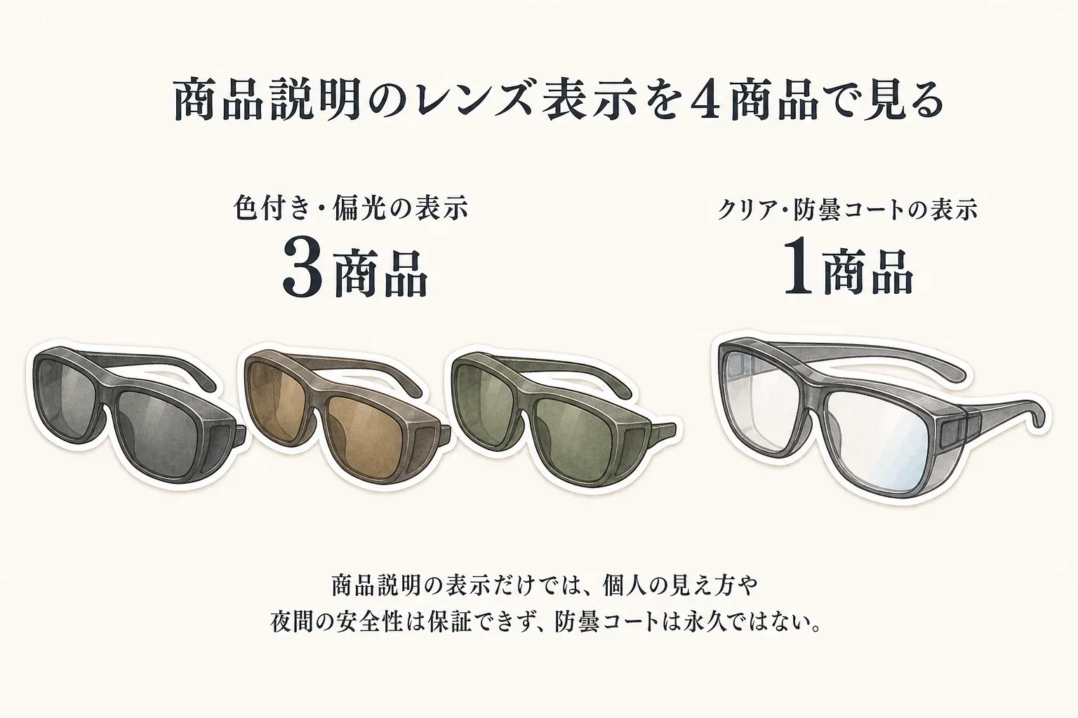 商品説明にあるレンズ表示を4商品で分けた図。色付き・偏光の表示がある商品はスモーク、ブラウン、グリーンの3商品、クリア・防曇コートの表示がある商品は1商品で、商品説明だけでは個人の見え方や夜間の安全性は保証できず、防曇コートは永久ではないことを示している。